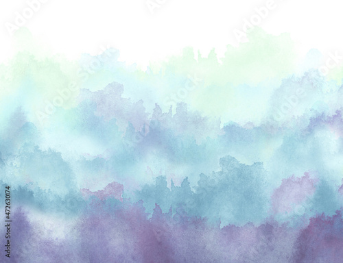 Watercolor blue background, blot, blob, splash of blue paint on white background. Abstract blue ink wash painting. Grunge texture. Blue abstract silhouette of the forest, fog. Storm at sea, ocean.Wind