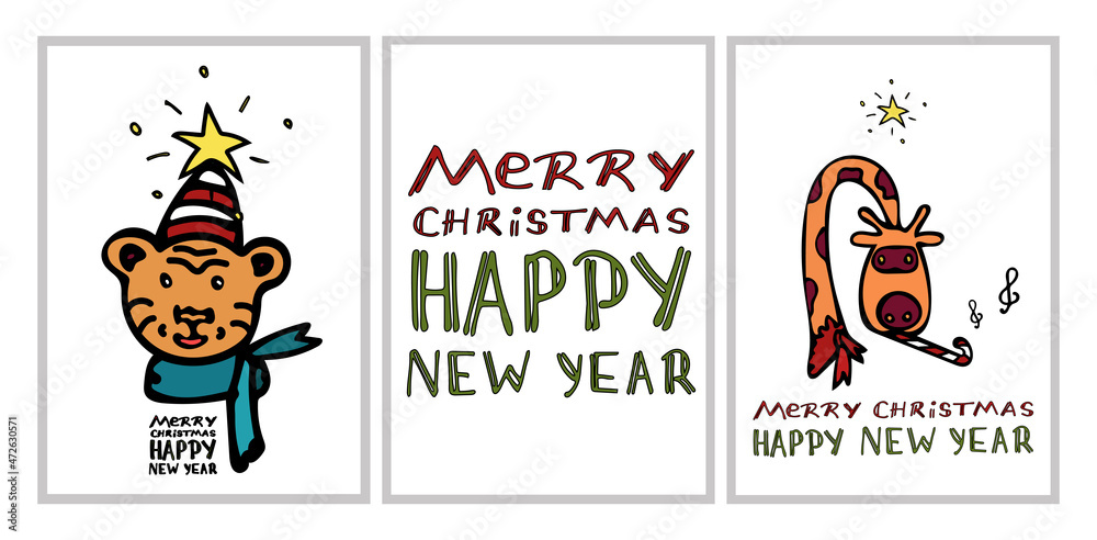 A set of cards for Christmas and New Year with an orange symbol of the year, a tiger and a giraffe with a red scarf playing the pipe. Lettering with the inscription Merry Christmas and Happy New Year A set of cards for Christmas and New Year with an orange symbol of the year, a tiger and a giraffe with a red scarf playing the pipe. Lettering with the inscription Merry Christmas and Happy New Year