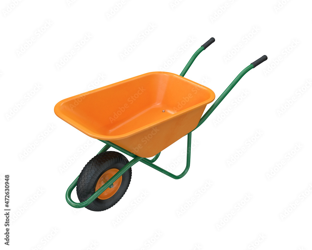 Metal orange wheelbarrow on a white background, 3d render