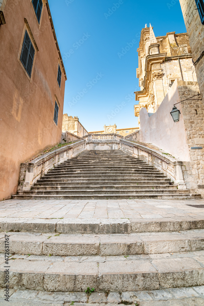 Baroque staircase in Old Town Dubrovnik, the way to Church of St. Ignatius. Famous place for tourist, known as walk of shame.