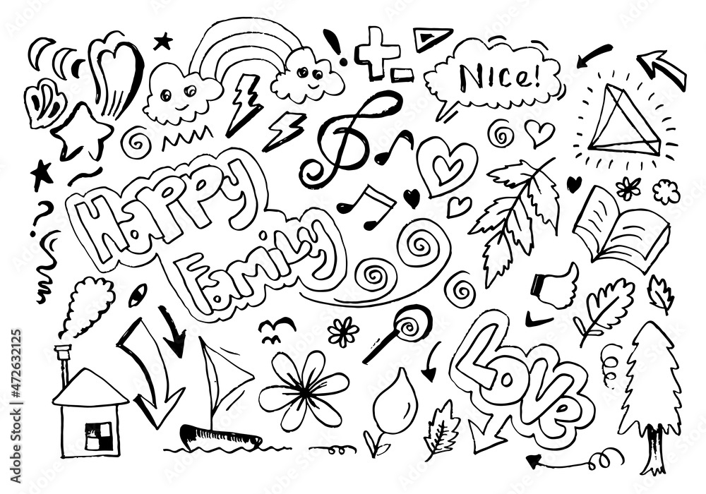 hand-drawn cute doodle set on white background. doodle design elements.doodle kids for decoration and coloring page.