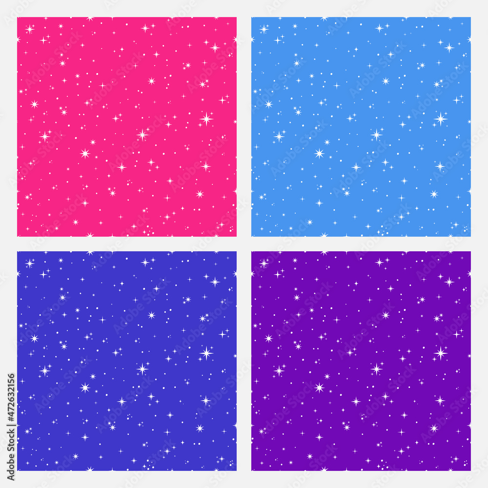 Set of 4 colorful seamless pattern with white tiny stars. Celestial seamless pattern. Set of 4 colorful seamless pattern with white tiny stars. Celestial seamless pattern.