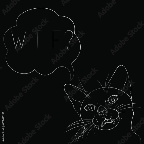 Black outline Surprised and Indignant cat with speech bubble and question WTF isolated on grey background. Simple silhouette for logo, poster, print. Vector illustration without fill. 