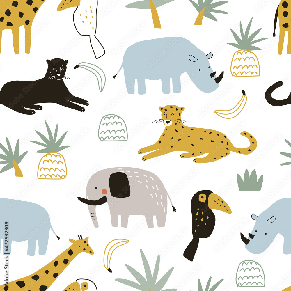 Fototapeta premium Seamless pattern with safari wild animals lion, giraffe, crocodile, leopard, elephant, monkey and rhinoceros, toucan on a palm tree. The vector illustration is made in manual technique