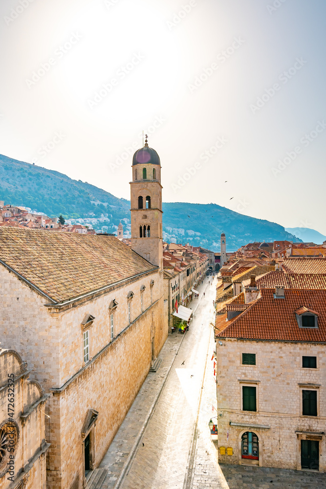 Aerial view of Stradun main street, Dubrovnik old city. Sunny day morning.