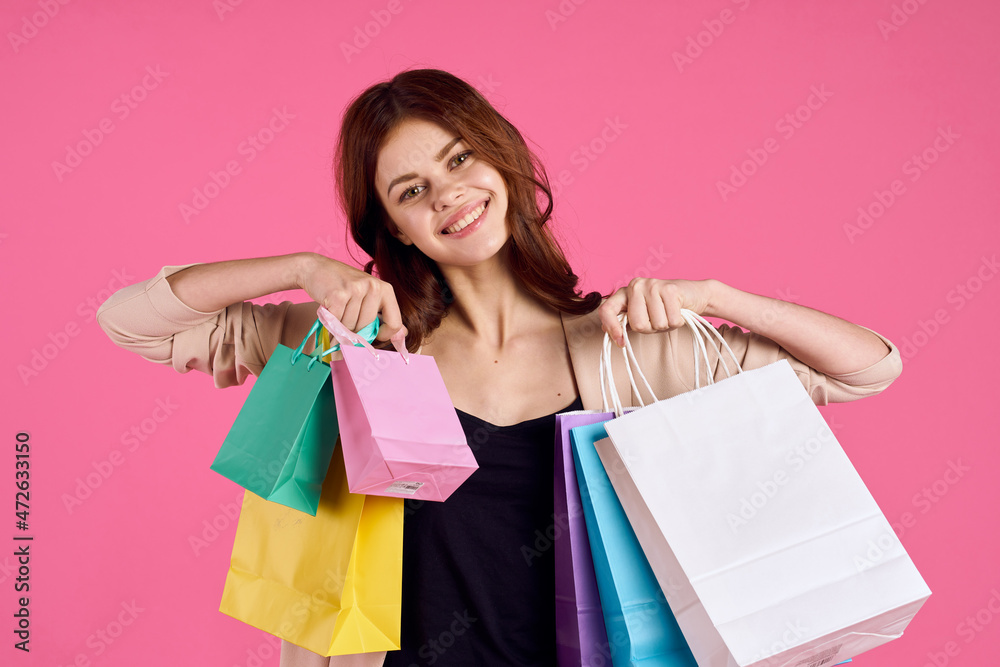 glamorous woman multicolored packs emotions shopping fashion isolated background