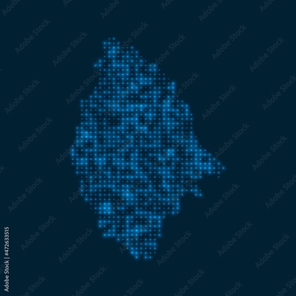 La Digue dotted glowing map. Shape of the island with blue bright bulbs. Vector illustration.