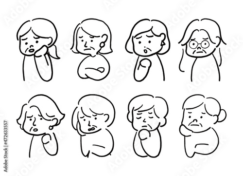 悩むおばあさんの線画イラストセット