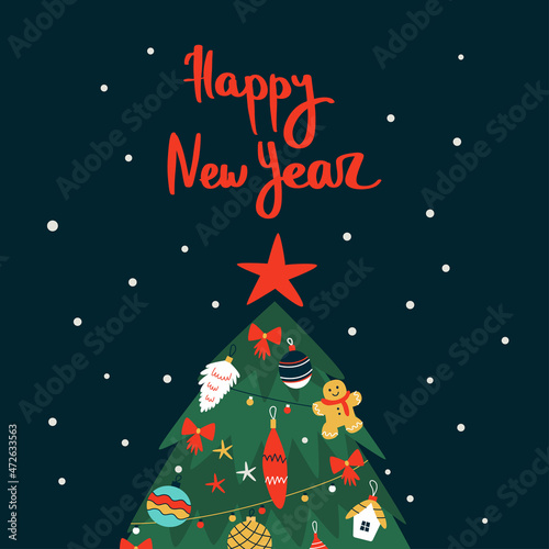 Vector illustration with Christmas tree on dark snowy background and happy new year lettering. 
