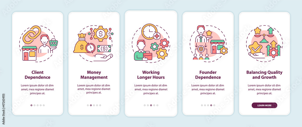 Business structure organization tips onboarding mobile app page screen. Startup walkthrough 5 steps graphic instructions with concepts. UI, UX, GUI vector template with linear color illustrations