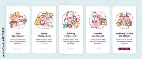 Business structure organization tips onboarding mobile app page screen. Startup walkthrough 5 steps graphic instructions with concepts. UI, UX, GUI vector template with linear color illustrations © bsd studio