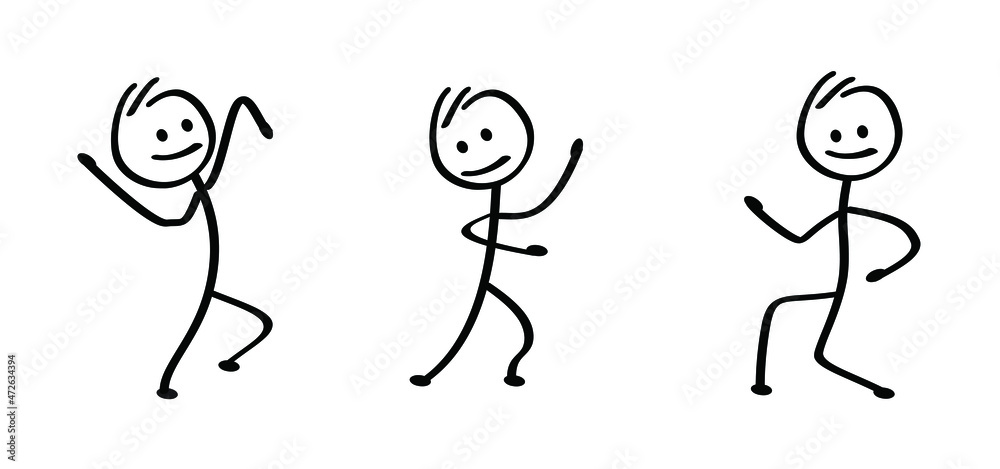 Dancing happy smile stickman. Funny comic dancer or walk stick figure man  or woman. Vector people, dancers icon or pictogram. Drawing cartoon person  jump, run, walking and dancing on music. Stock Vector |
