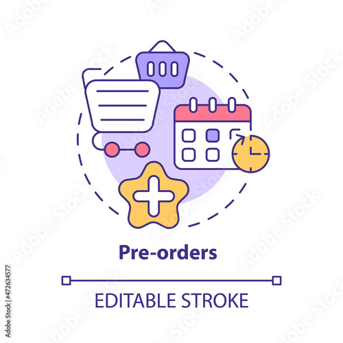 Pre-orders concept icon. Strategy to learn consumer needs. Launching small business and new product abstract idea thin line illustration. Vector isolated outline color drawing. Editable stroke
