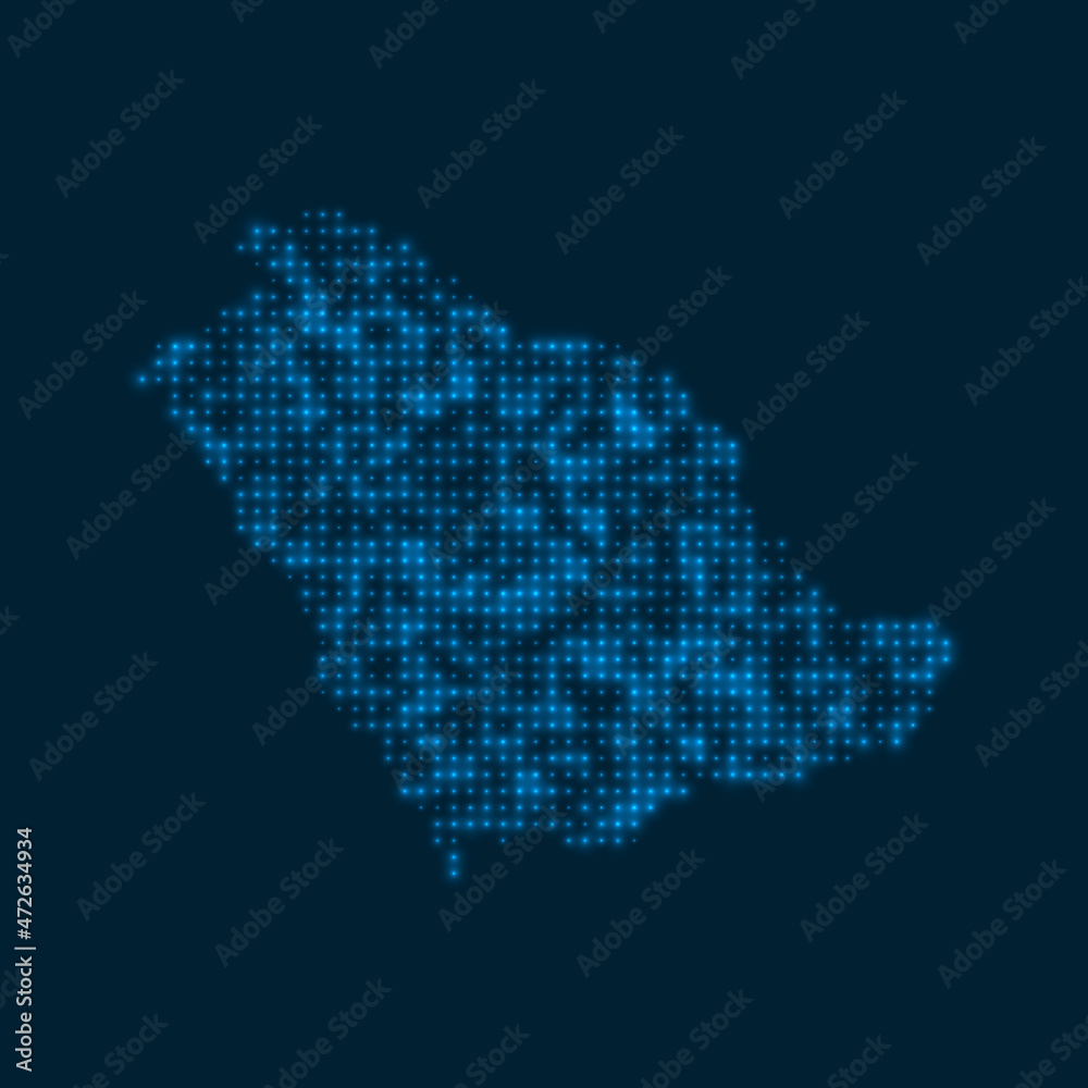 Saudi Arabia dotted glowing map. Shape of the country with blue bright bulbs. Vector illustration.