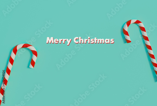 Christmas lollipop with text Merry Christmas. New year concept. Top view, flat lay. 3D rendering
