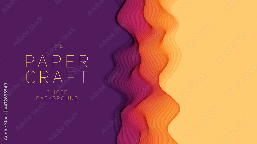 Violet to orange paper layers. 3D abstract gradient papercut. Colorful origami shape concept - obrazy, fototapety, plakaty 