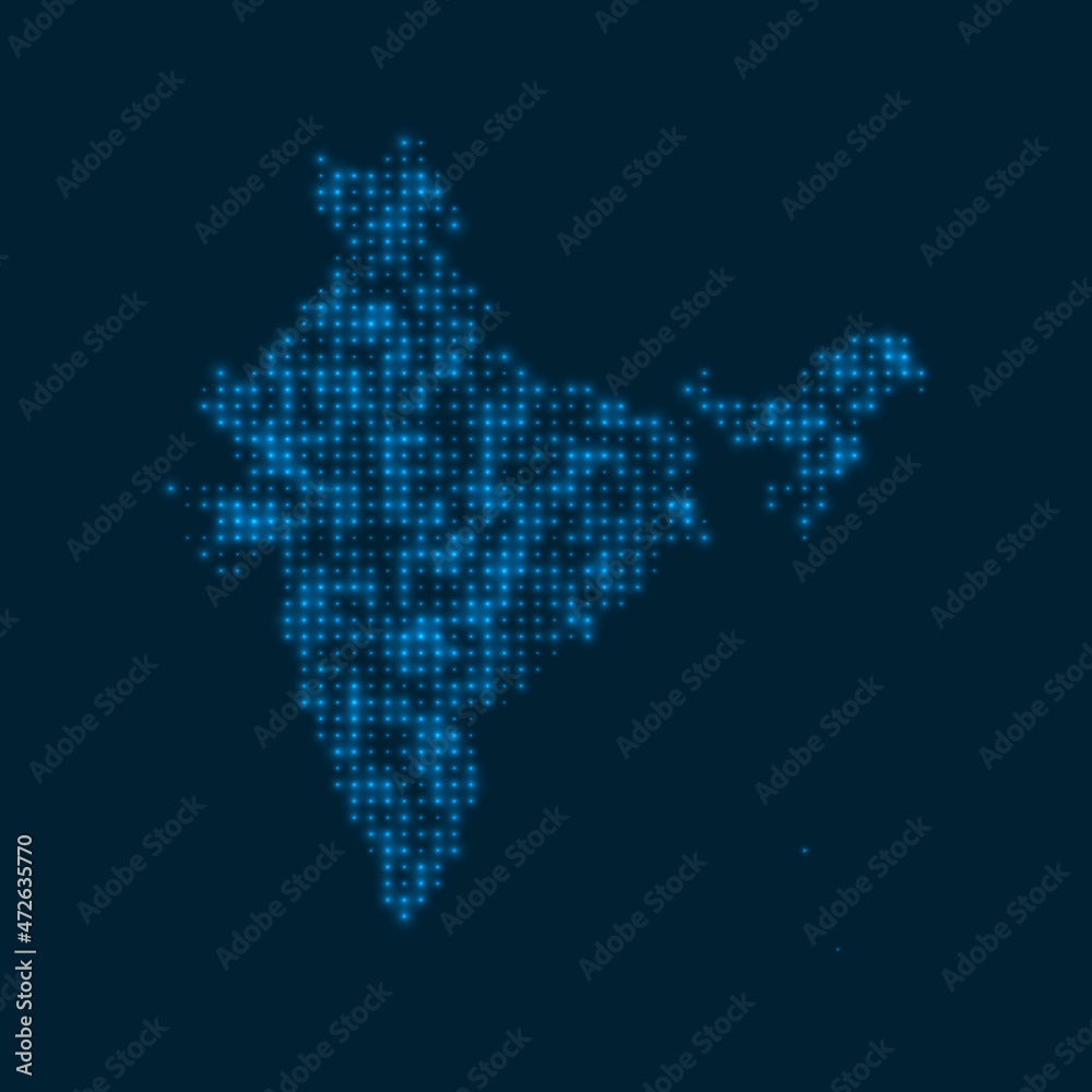 India dotted glowing map. Shape of the country with blue bright bulbs. Vector illustration.