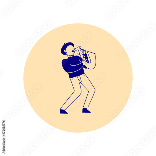 Circle icon with musician expressively playing on saxophone, line art style isolated vector illustration