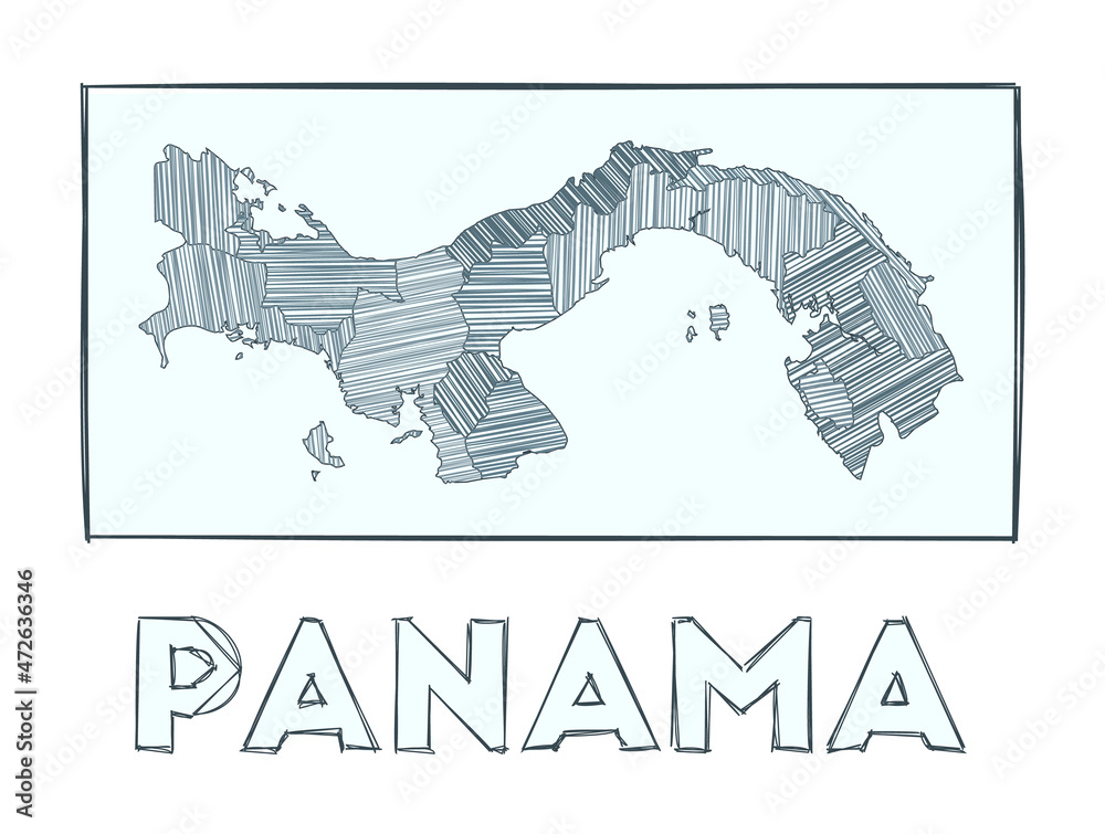 Sketch map of Panama. Grayscale hand drawn map of the country. Filled regions with hachure stripes. Vector illustration.