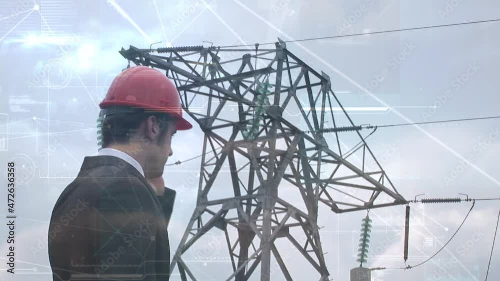 Animation of male engineer using smartphone, networks of connections over electricity pylons Animation of male engineer using smartphone, networks of connections over electricity pylons