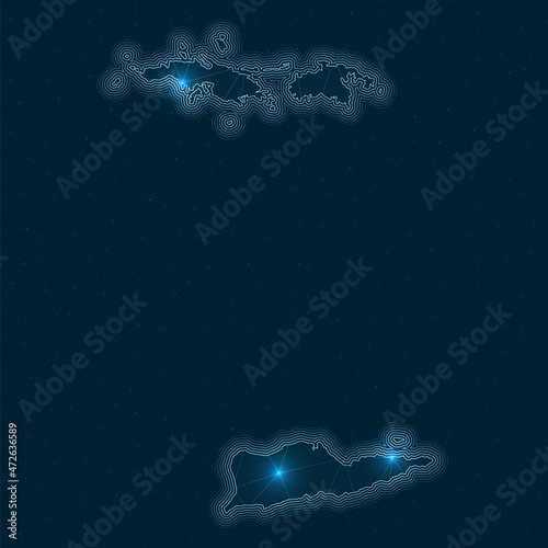 Virgin Islands network map. Abstract geometric map of the island. Digital connections and telecommunication design. Glowing internet network. Superb vector illustration.