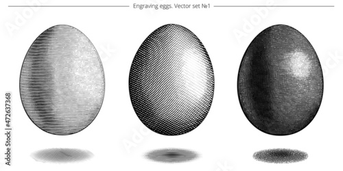 Vector set of engraving eggs. Easter symbols. Icons of chicken egg drawing by black ink. Detailed etching. Different types of cross hatching. Natural food. Floating objects. Elegant vintage style