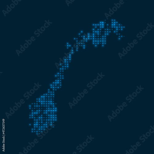 Norway dotted glowing map. Shape of the country with blue bright bulbs. Vector illustration.