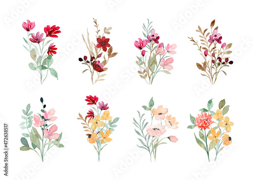 Murais de parede Wild flower bouquet collection with watercolor