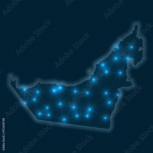 UAE network map. Abstract geometric map of the country. Digital connections and telecommunication design. Glowing internet network. Charming vector illustration.