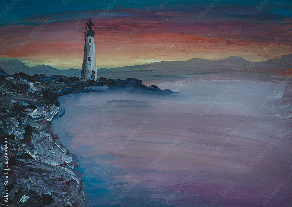  Lighthouse on the coast of the sea. Paintings on canvas. Sunset over sea shore 