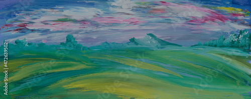 Countryside landscape with green hills and sunset sky with clouds. Vivid scenery bright impressionist art.