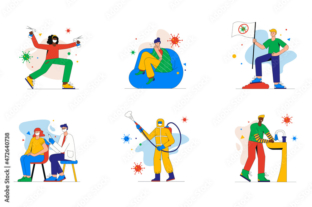 Coronavirus set of mini concept or icons. People get sick covid 19, wash their hands, disinfection, get vaccinated and fight virus, modern person scene. Vector illustration in flat design for web