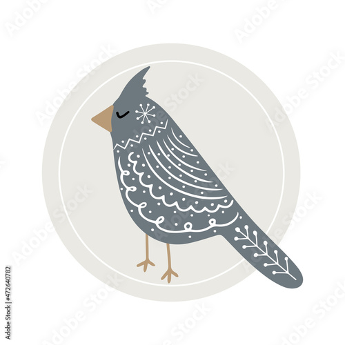 Hand drawn folk motif bird with topknot on head, circle icon Scandinavian style isolated vector clipart
