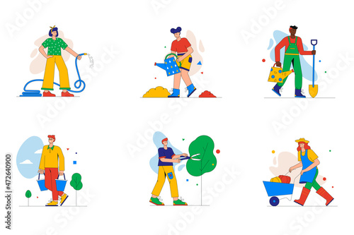 Garden work set of mini concept or icons. People watering plants, pruning trees, transporting crops on trolley, using equipment on farm, modern person scene. Vector illustration in flat design for web