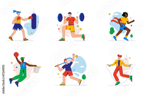 Sport and fitness set of mini concept or icons. People exercise with barbell  box  play basketball or tennis  run marathon  jump rope  modern person scene. Vector illustration in flat design for web