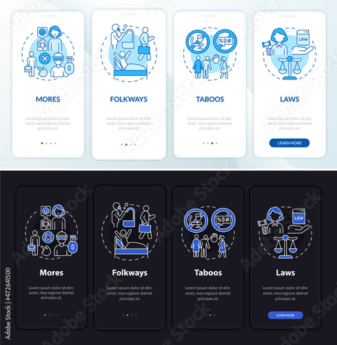 Social norms onboarding mobile app page screen. Moral culture rule walkthrough 4 steps graphic instructions with concepts. UI, UX, GUI vector template with linear night and day mode illustrations