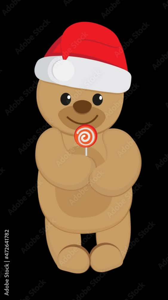 Cartoon character Teddy Bear wearing Santa hat eats lollipop Cartoon character Teddy Bear wearing Santa hat eats lollipop
