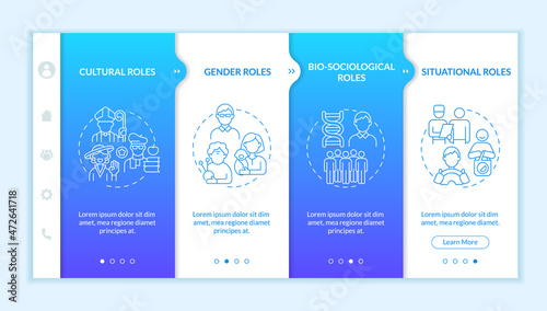 Social role type onboarding vector template. Responsive mobile website with icons. Web page walkthrough 4 step screens. People participation color concept with linear illustrations