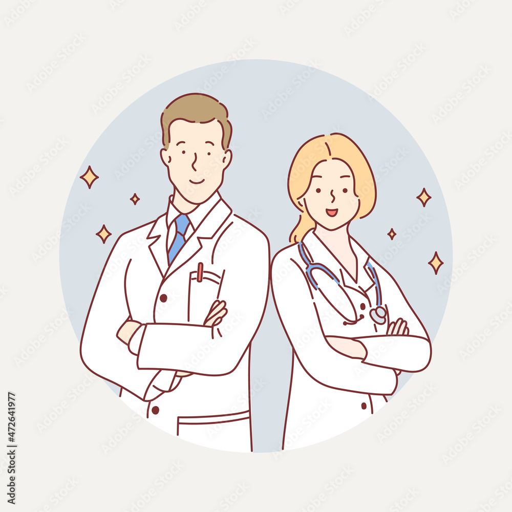 Friendly Male and Female Doctors. Hand drawn style vector design illustration Friendly Male and Female Doctors. Hand drawn style vector design illustration
