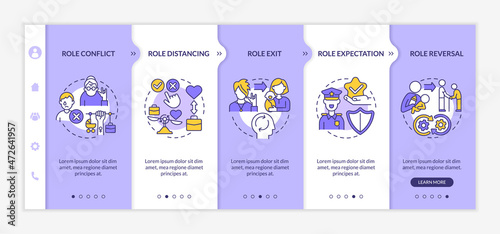 Social roles concept onboarding vector template. Responsive mobile website with icons. Web page walkthrough 5 step screens. Position activity in community color concept with linear illustrations