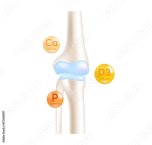 Healthy knee bone human bone anatomy. Skeleton x ray scan concept. Vitamins and Minerals Calcium, Phosphorus therapy. Medical or healthcare concept. Isolated on white background. Realistic 3d Vector.