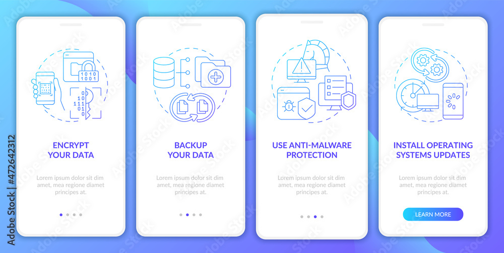 Web searching protection tips onboarding mobile app page screen. Data protection walkthrough four steps graphic instructions with concepts. UI, UX, GUI vector template with linear color illustrations