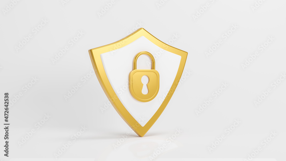 Shield with gold padlock symbol on white background, digital data network protection, technology security concept, online protection, antivirus and security concept, 3D Rendering illustration. Shield with gold padlock symbol on white background, digital data network protection, technology security concept, online protection, antivirus and security concept, 3D Rendering illustration.