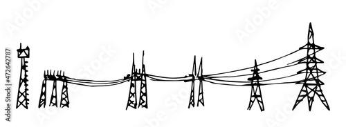 Hand drawn simple vector black outline drawing. Metal poles with electric wires, power grid, station. Connection, electrification. Ink sketch.