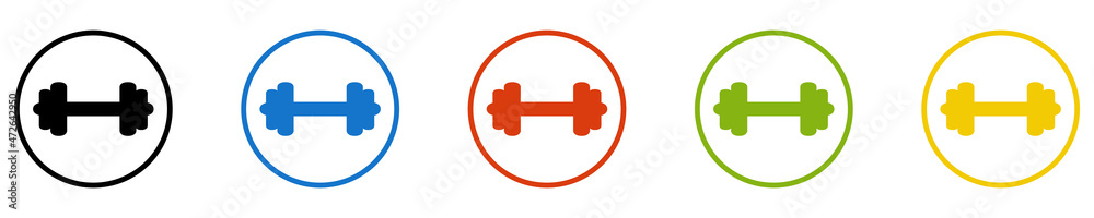 Bunter Banner mit 5 farbigen Icons: Hantel, Sport, Fitness, Krafttraining oder Fitnessstudio Bunter Banner mit 5 farbigen Icons: Hantel, Sport, Fitness, Krafttraining oder Fitnessstudio