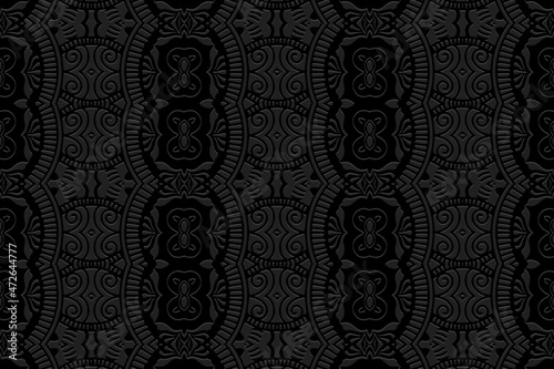 Embossed black background design, art deco.Texture with geometric volumetric convex ethnic artistic 3D pattern.Vector graphic template in the style of the peoples of the East, Asia, India, Mexico.