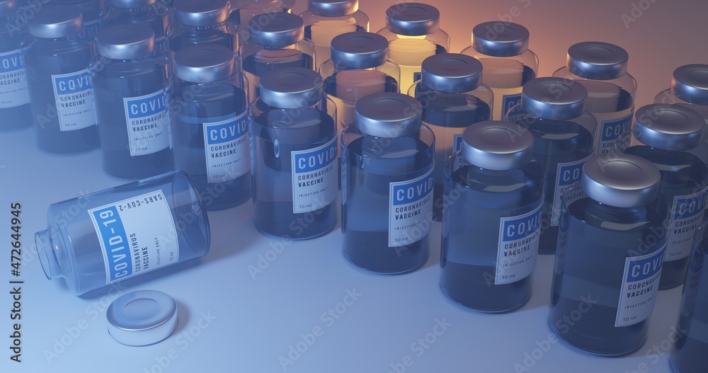 COVID-19 coronavirus vaccine glass bottles production line. Open empty bottle. Teal orange background. 3D illustration. COVID-19 coronavirus vaccine glass bottles production line. Open empty bottle. Teal orange background. 3D illustration.