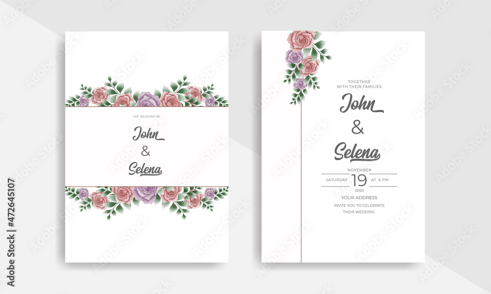 Vintage hand drawn watercolor floral wedding invitation card template 