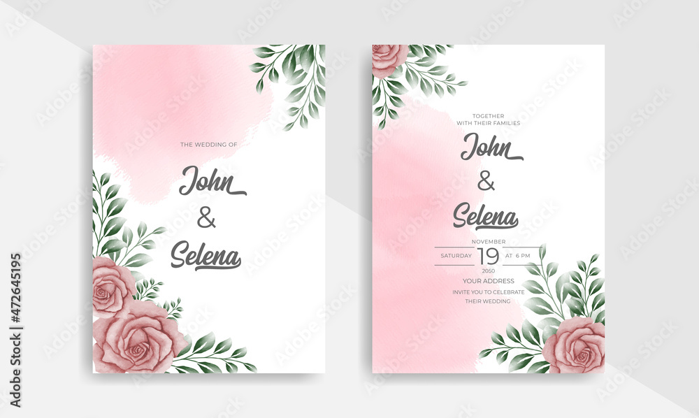 Gorgeous hand drawn watercolor floral wedding invitation card template