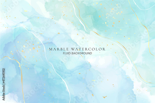 Pastel cyan mint liquid marble watercolor background with white lines and brush stains. Teal turquoise marbled alcohol ink drawing effect. Vector illustration backdrop, watercolour wedding invitation